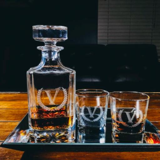 Custom groomsmen whiskey decanter set with engraved glasses