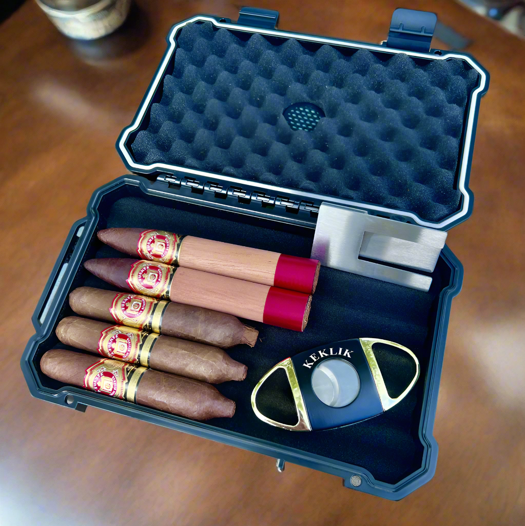 Custom portable humidor set with engraving, cigar cutter, and hygrometer for cigar lovers