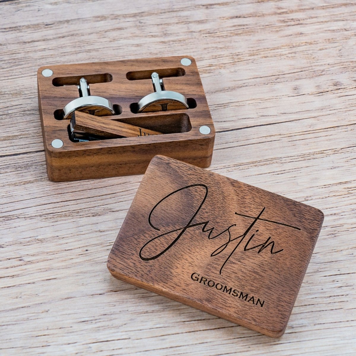 cufflinks Engraved Timber Ties Cufflinks & Tie Bar Set by Groovy Groomsmen Gifts