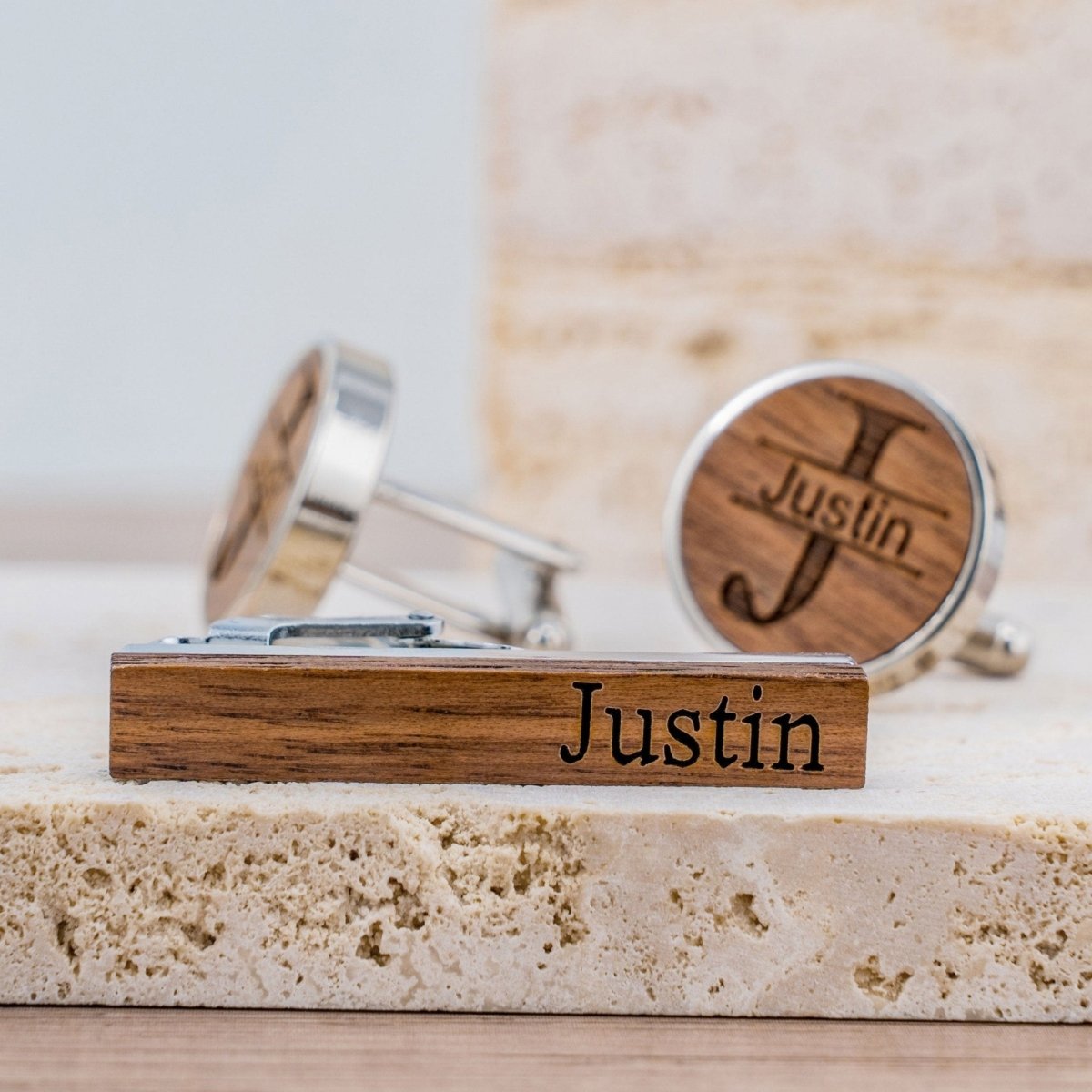 cufflinks Engraved Timber Ties Cufflinks & Tie Bar Set by Groovy Groomsmen Gifts