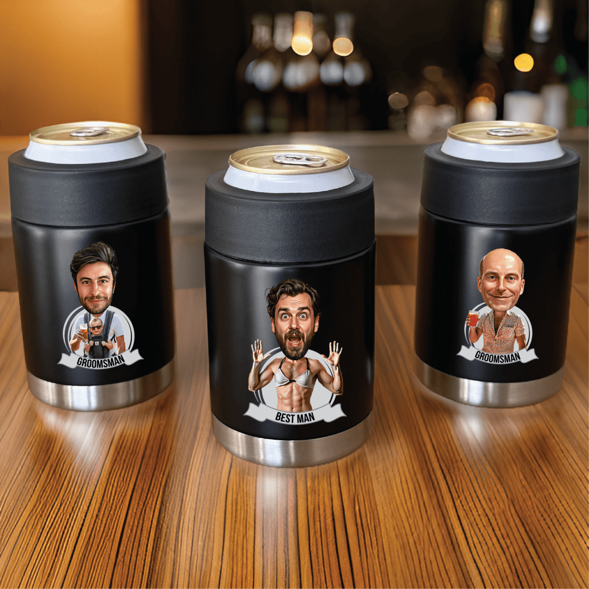 Best Personalized Custom Caricature Koozie for Groomsmen, Customized Gifts for Weddings. Groovy Groomsmen Gifts