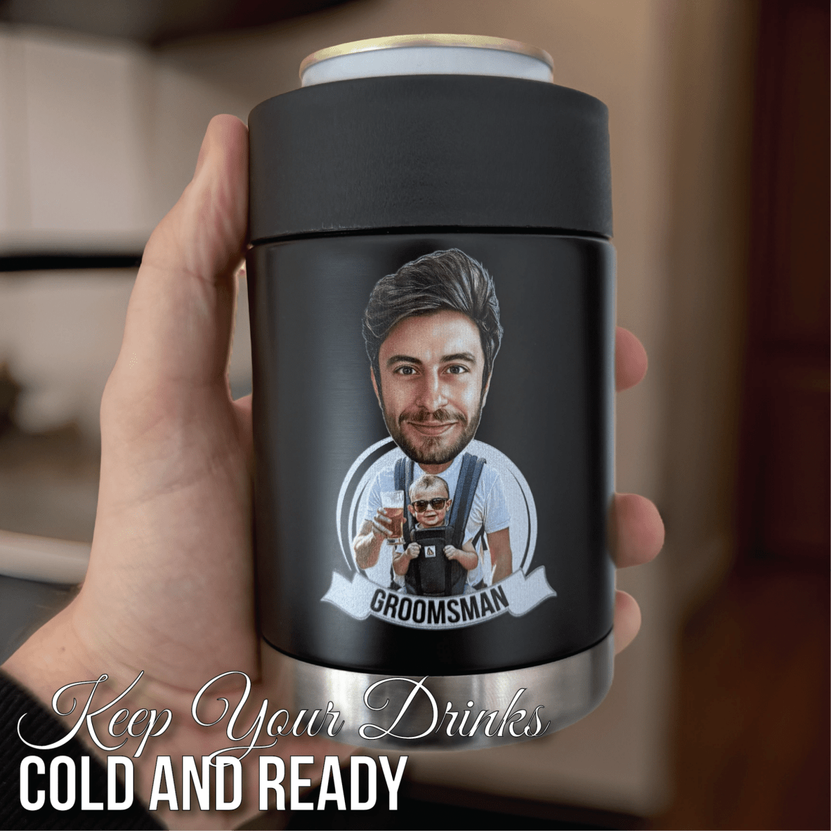 Best Personalized Custom Caricature Koozie for Groomsmen, Customized Gifts for Weddings. Groovy Groomsmen Gifts