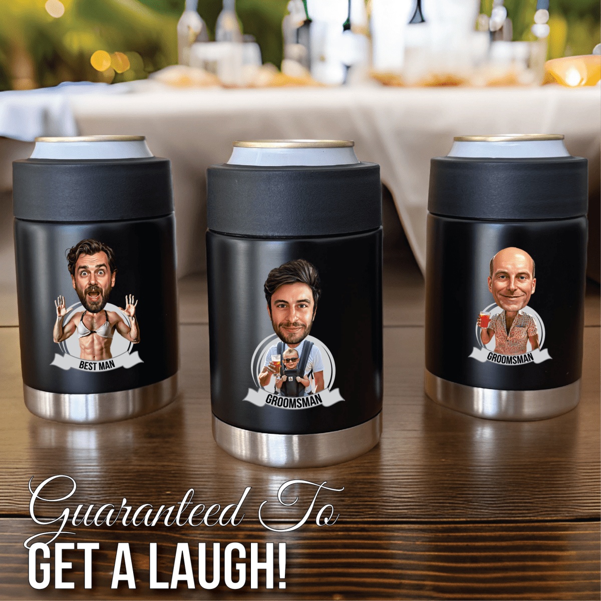 Best Personalized Custom Caricature Koozie for Groomsmen, Customized Gifts for Weddings. Groovy Groomsmen Gifts