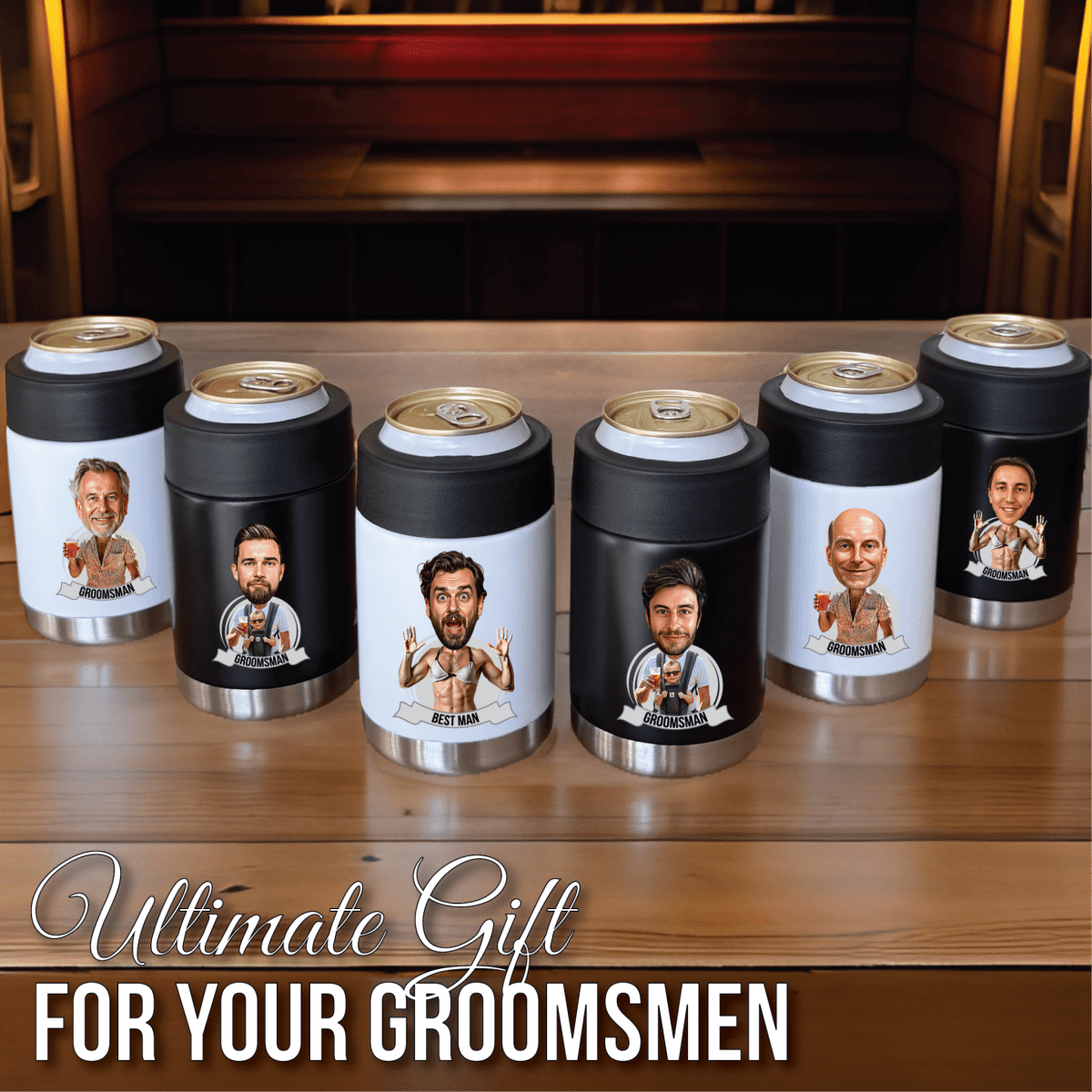 Best Personalized Custom Caricature Koozie for Groomsmen, Customized Gifts for Weddings. Groovy Groomsmen Gifts