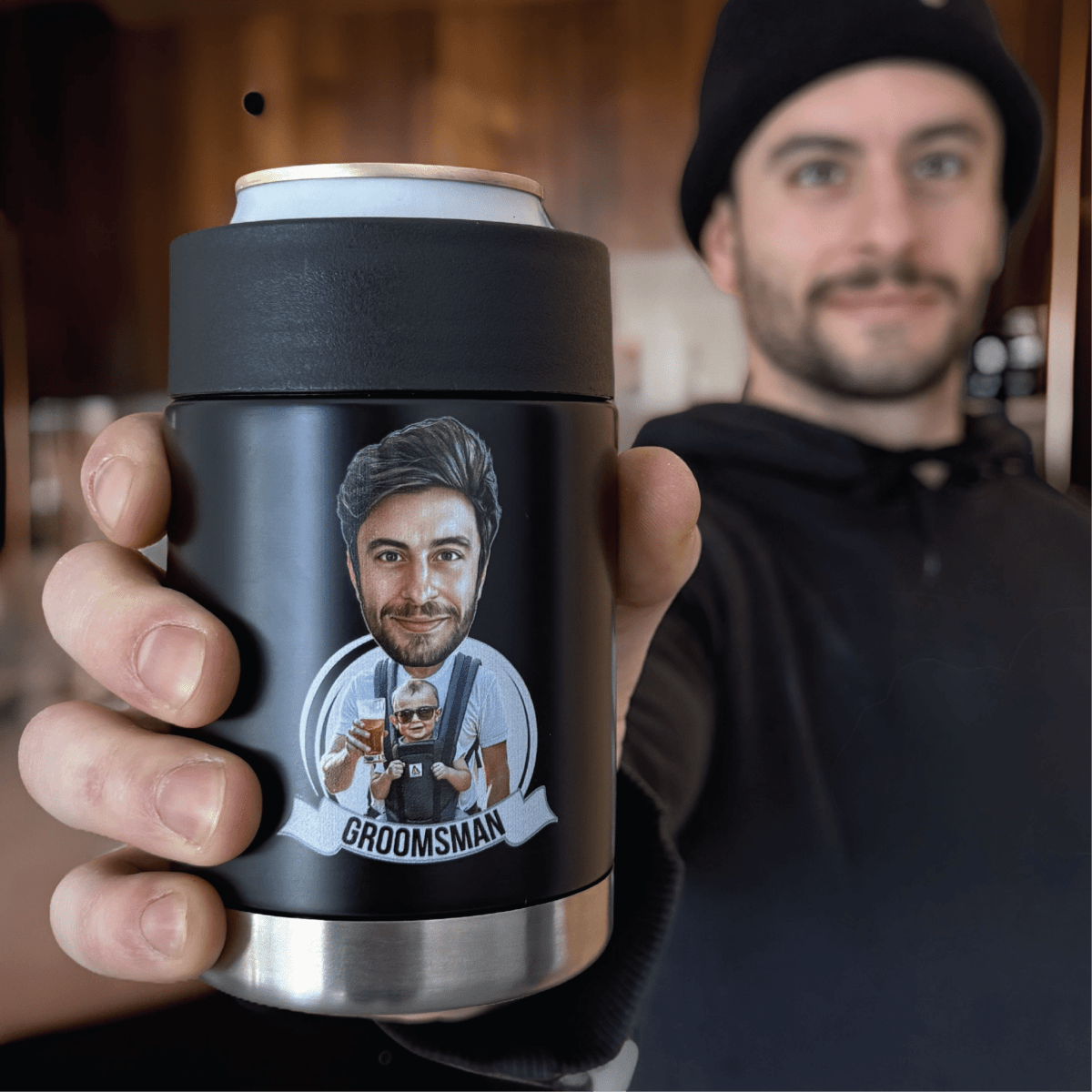 Best Personalized Custom Caricature Koozie for Groomsmen, Customized Gifts for Weddings. Groovy Groomsmen Gifts