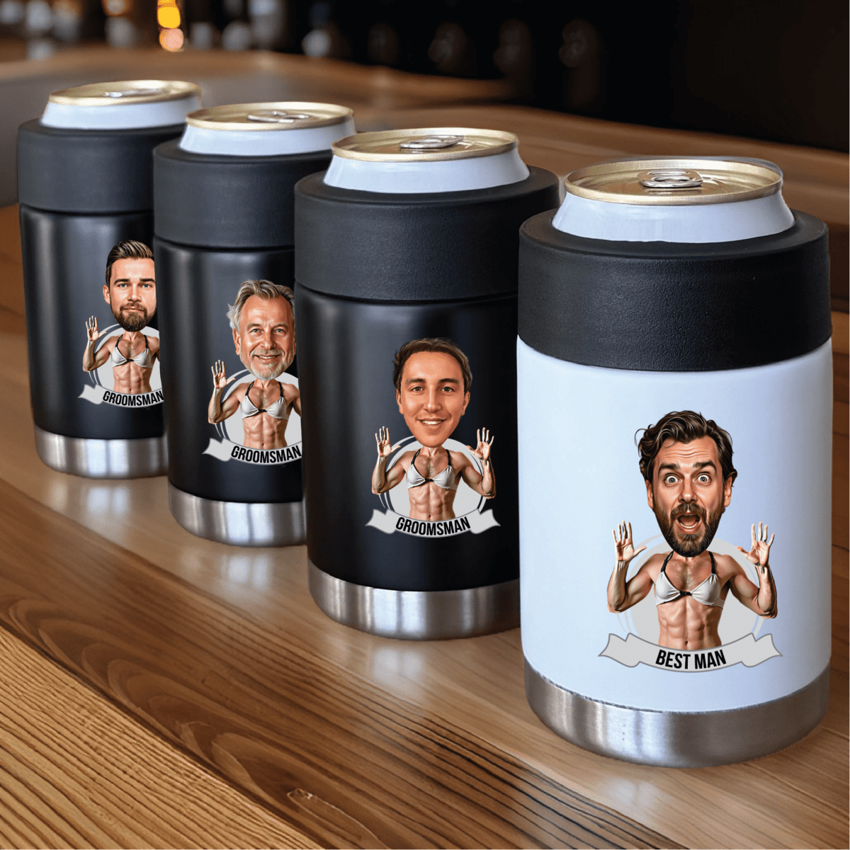 Best Personalized Custom Caricature Koozie for Groomsmen, Customized Gifts for Weddings. Groovy Groomsmen Gifts