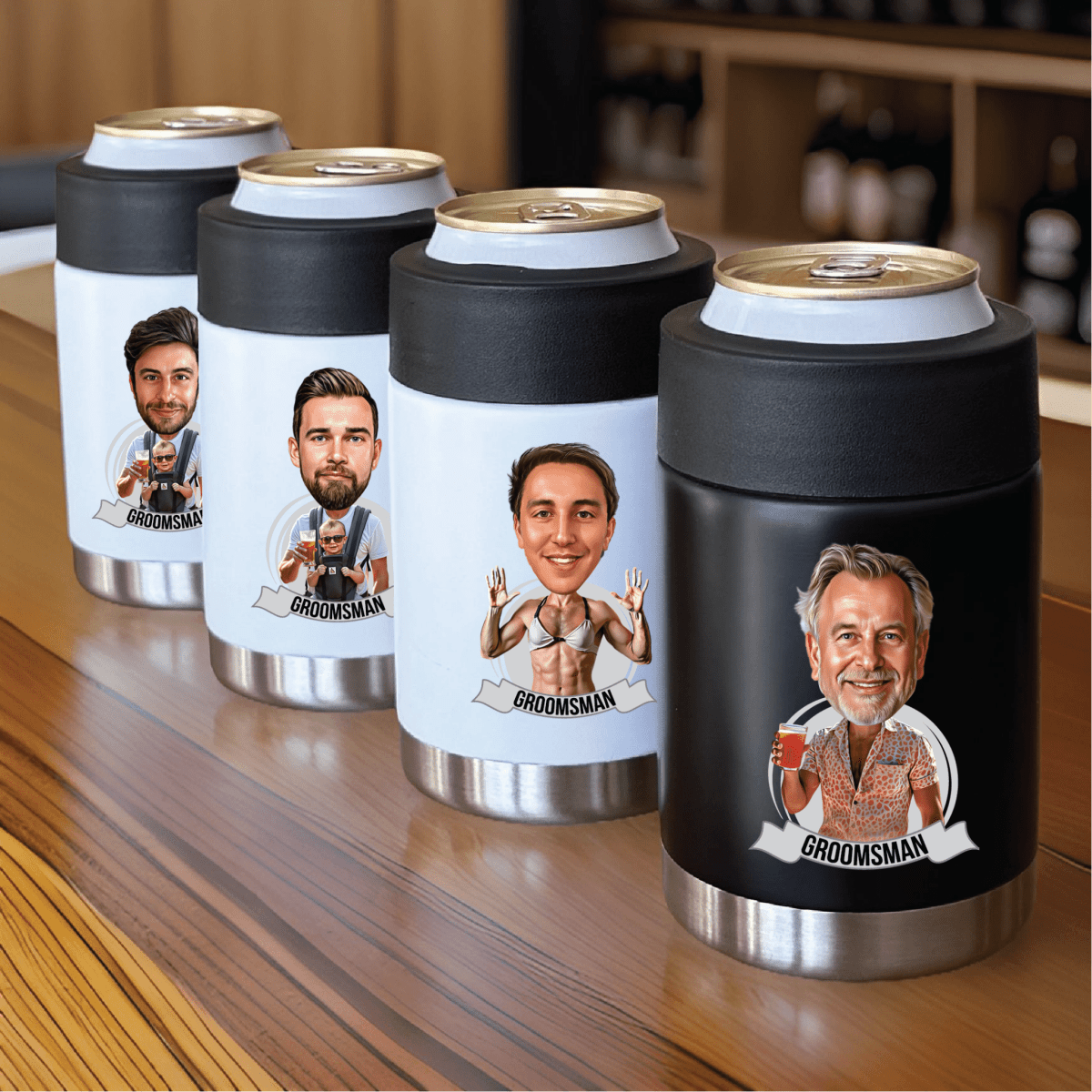 Best Personalized Custom Caricature Koozie for Groomsmen, Customized Gifts for Weddings. Groovy Groomsmen Gifts