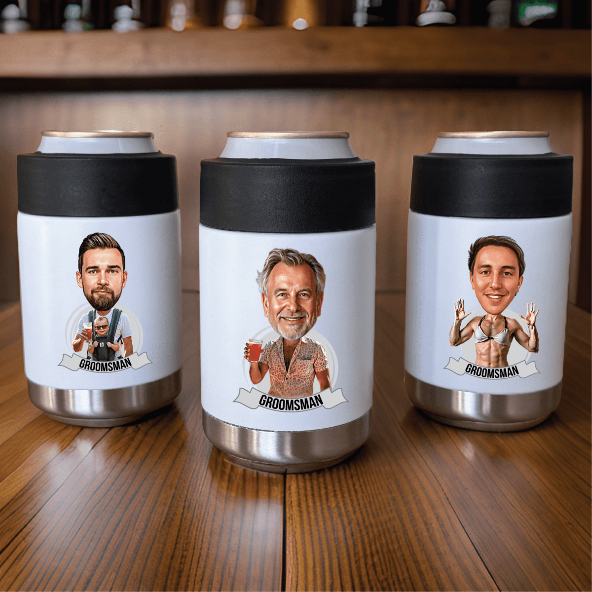 Best Personalized Custom Caricature Koozie for Groomsmen, Customized Gifts for Weddings. Groovy Groomsmen Gifts