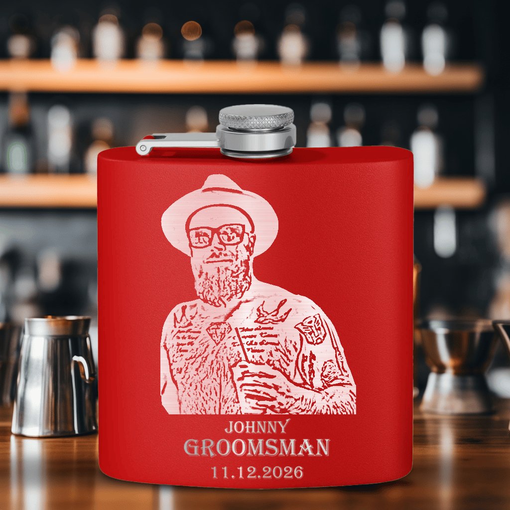 Custom Groomsman Photo Flask - Laser Engraved - Groovy Groomsmen Gifts