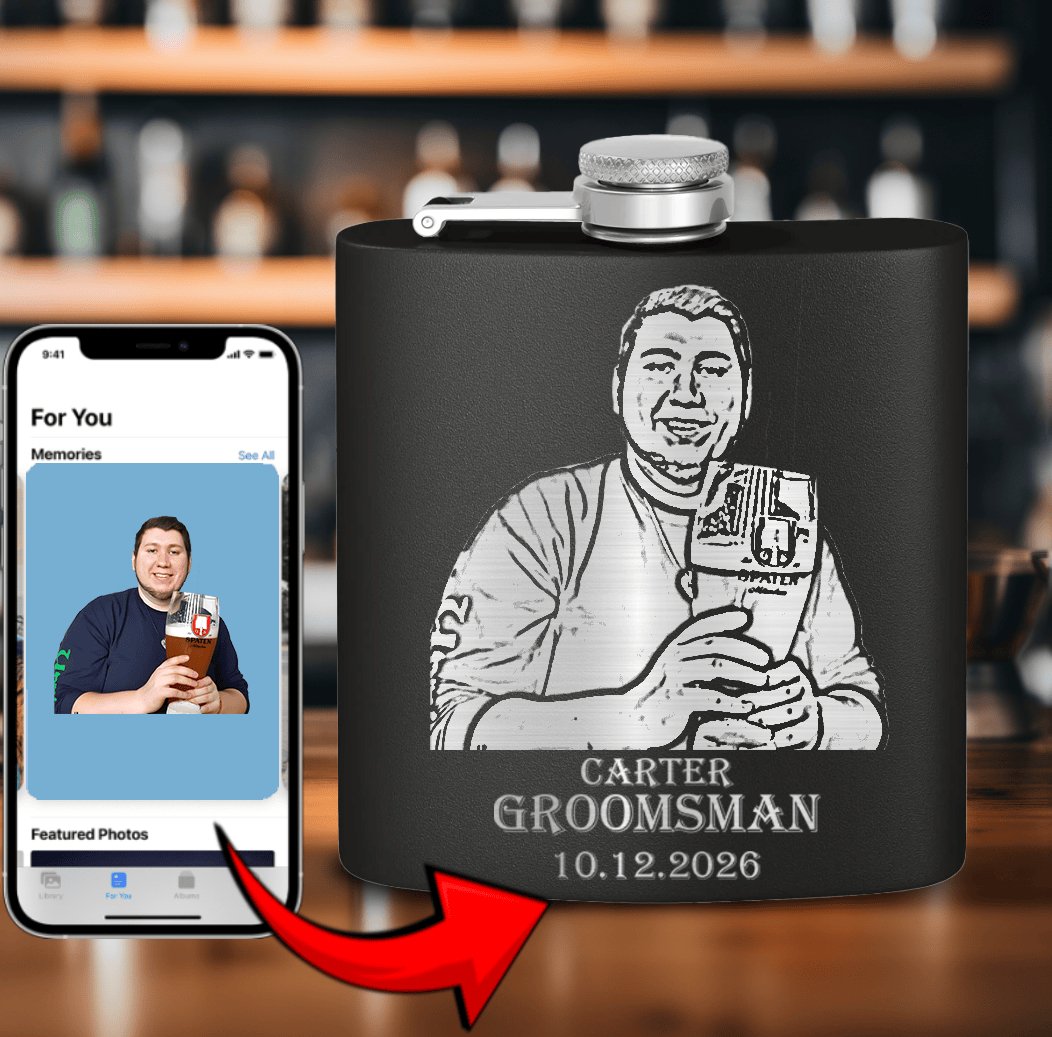 Custom Groomsman Photo Flask - Laser Engraved - Groovy Groomsmen Gifts