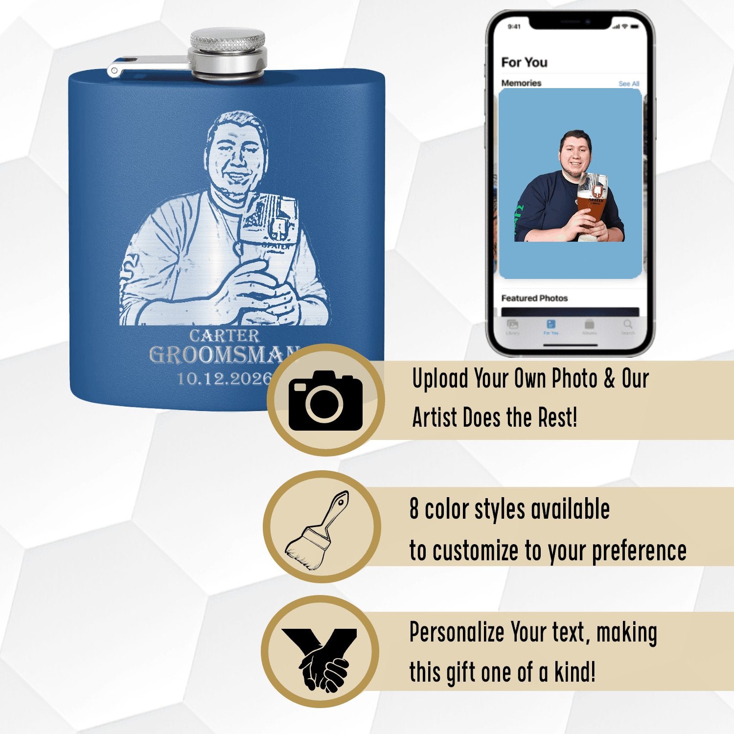 Custom Groomsman Photo Flask - Laser Engraved - Groovy Groomsmen Gifts