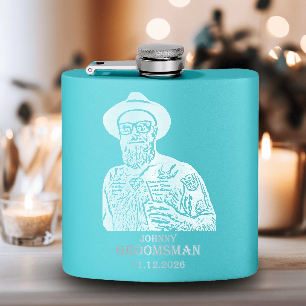 Custom Groomsman Photo Flask - Laser Engraved - Groovy Groomsmen Gifts