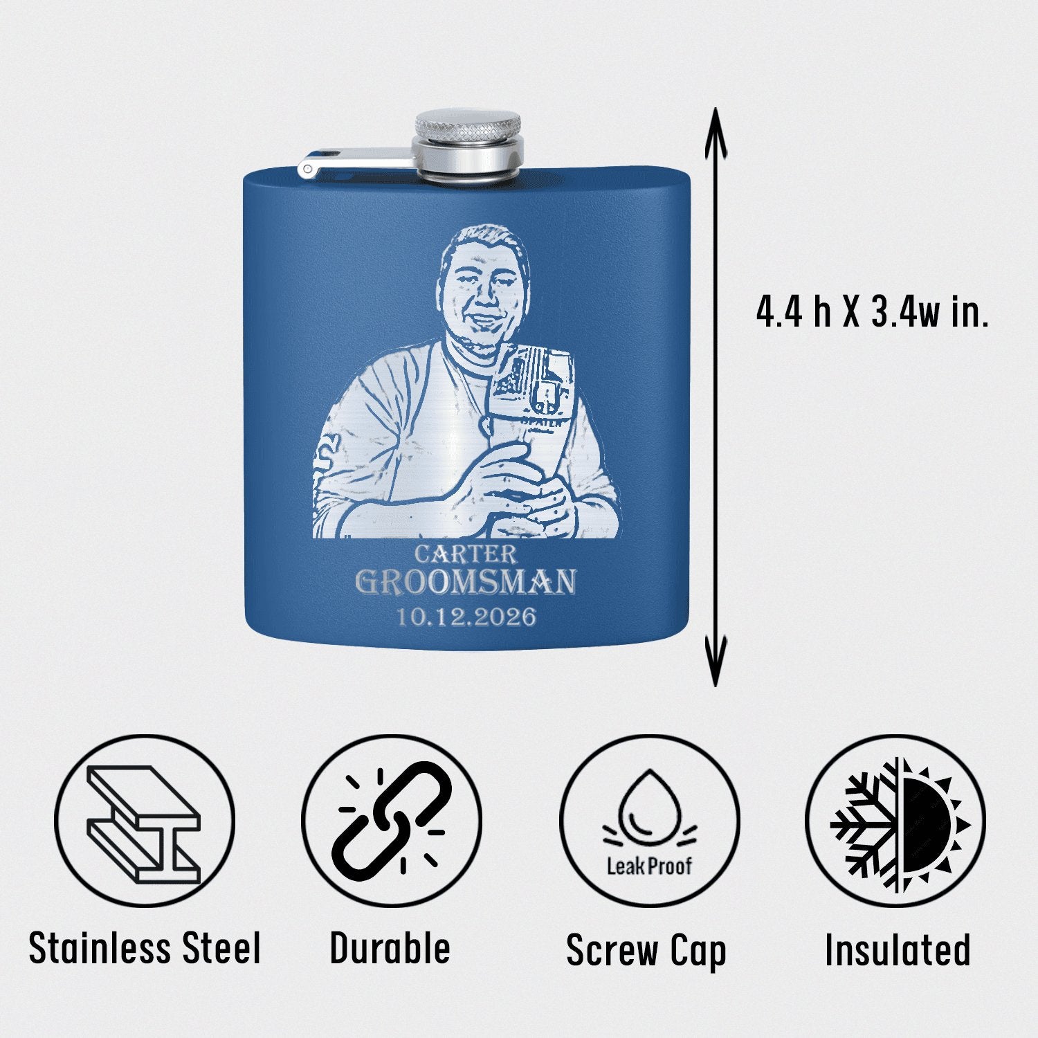 Custom Groomsman Photo Flask - Laser Engraved - Groovy Groomsmen Gifts