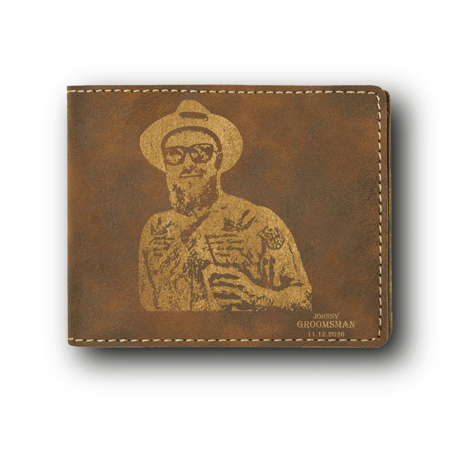 Groomsman Leather Wallet Custom Groomsman Photo - Laser Engraved Leather Bifold Wallet by Groovy Groomsmen Gifts