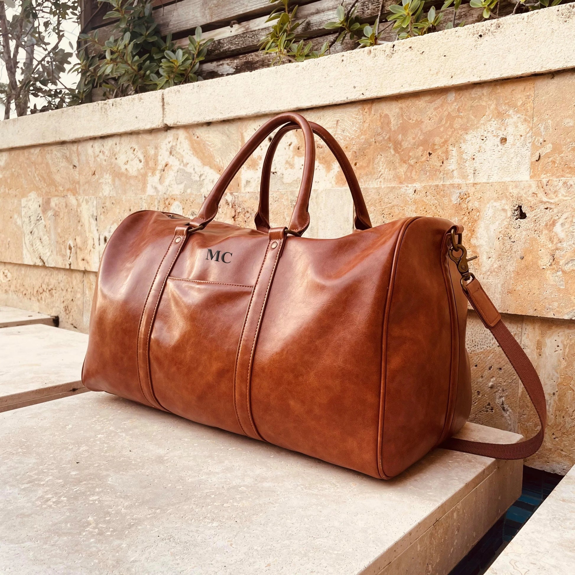 Personalised leather duffle bag best sale