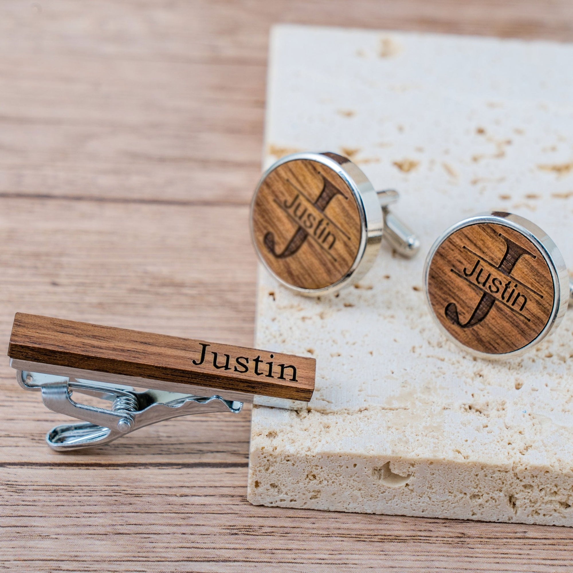 cufflinks Engraved Timber Ties Cufflinks & Tie Bar Set by Groovy Groomsmen Gifts