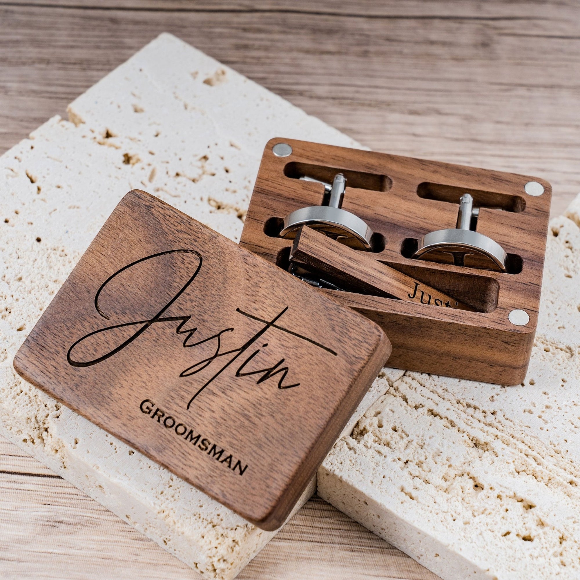 cufflinks Engraved Timber Ties Cufflinks & Tie Bar Set by Groovy Groomsmen Gifts