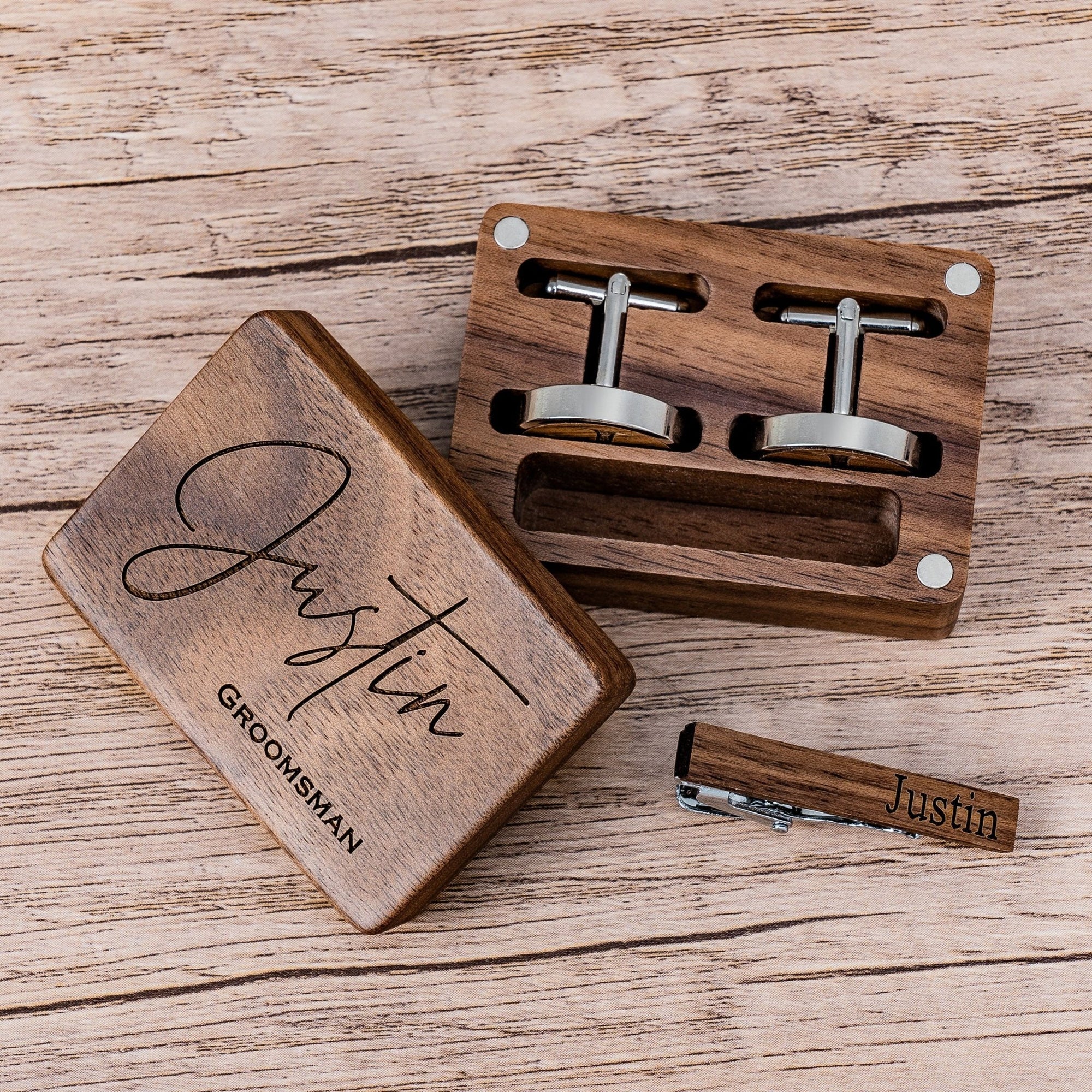 cufflinks Engraved Timber Ties Cufflinks & Tie Bar Set by Groovy Groomsmen Gifts