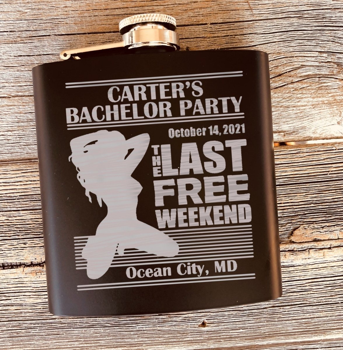 groovy laser Last Free Weekend Flask by Groovy Groomsmen Gifts