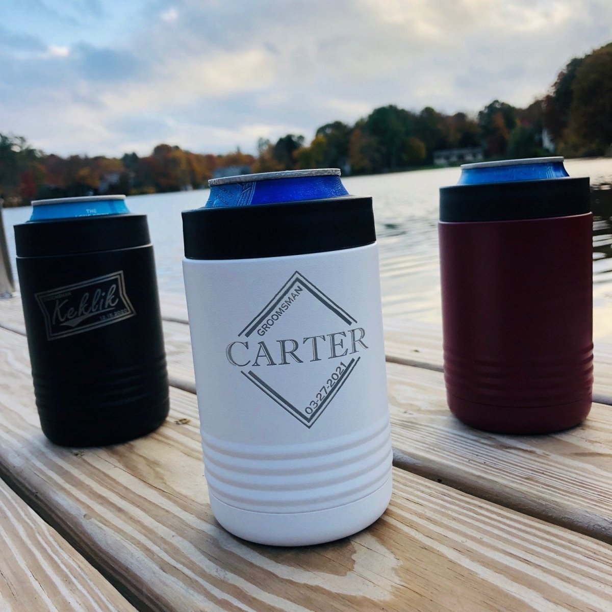 Groovy Laser Personalized Koozies with Groomsmen Designs by Groovy Groomsmen Gifts