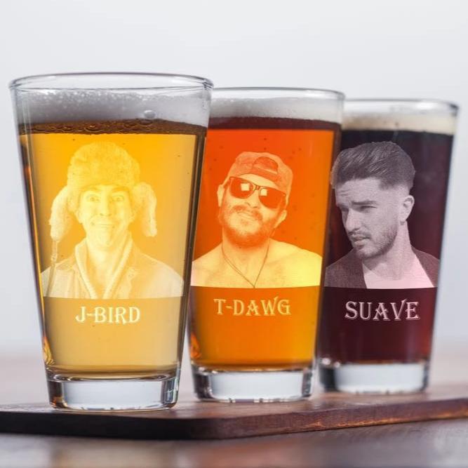 Custom engraved beer glass with personalized photo