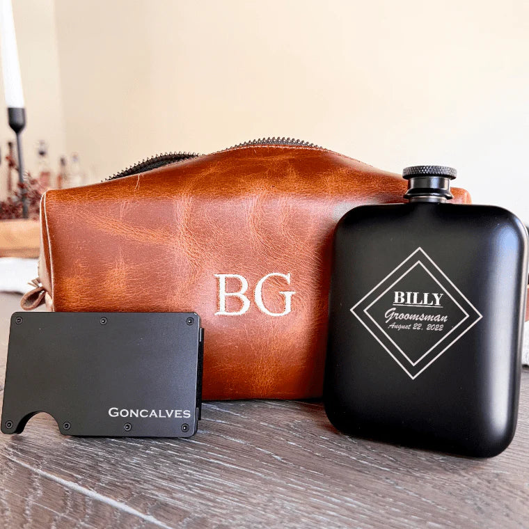 Essential Groomsmen Gift Set with Personalized Toiletry Bag and Flask and Wallet