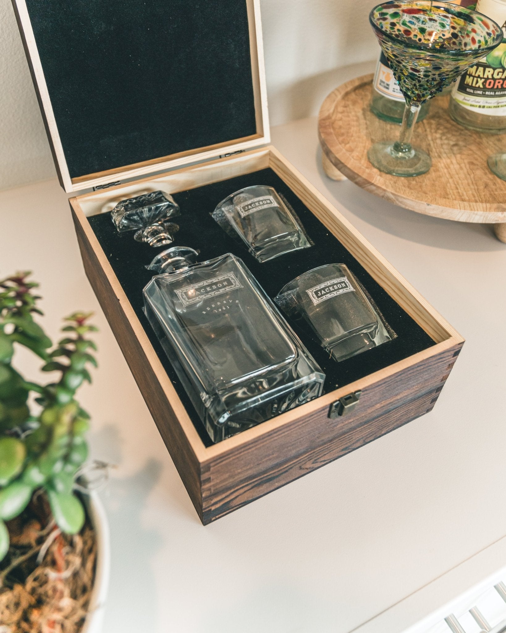 Personalized whiskey decanter set with custom designs for groomsmen