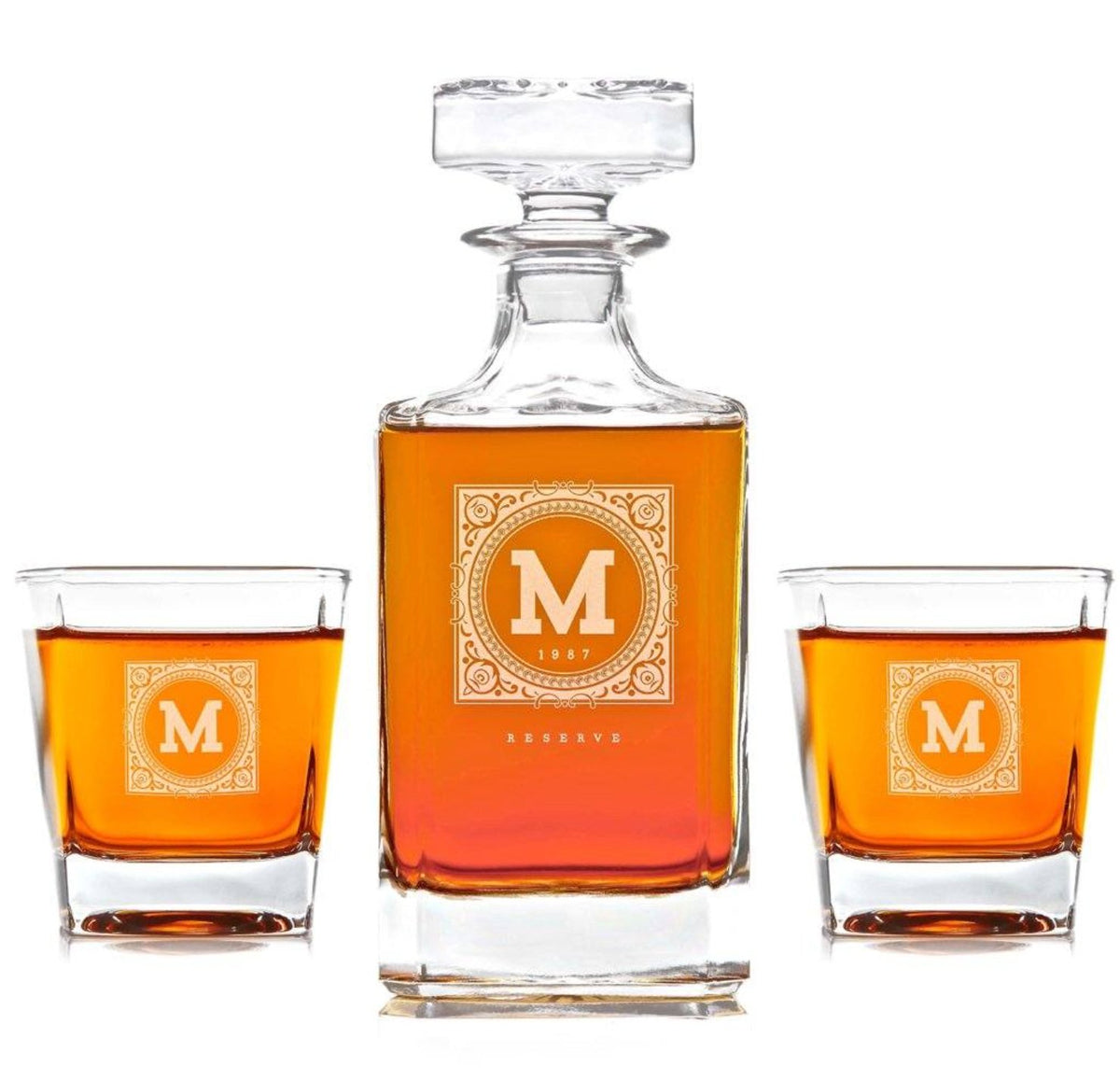 Personalized whiskey decanter set with custom designs for groomsmen