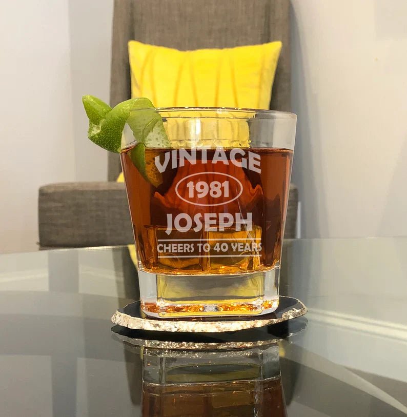 Whiskey Vintage Birthday Whiskey Glass by Groovy Groomsmen Gifts