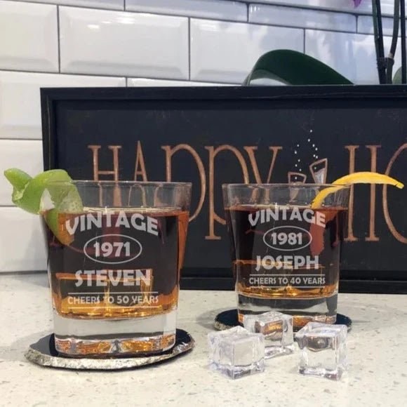 Whiskey Vintage Birthday Whiskey Glass by Groovy Groomsmen Gifts