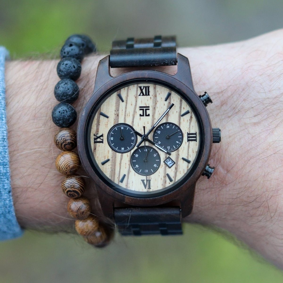 Wooden Watch Wild | Black Sandalwood &amp; Zebrawood Chronograph by Groovy Groomsmen Gifts