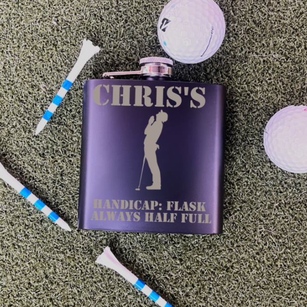 8 oz Purple Golf Flask With Four Shot Glasses