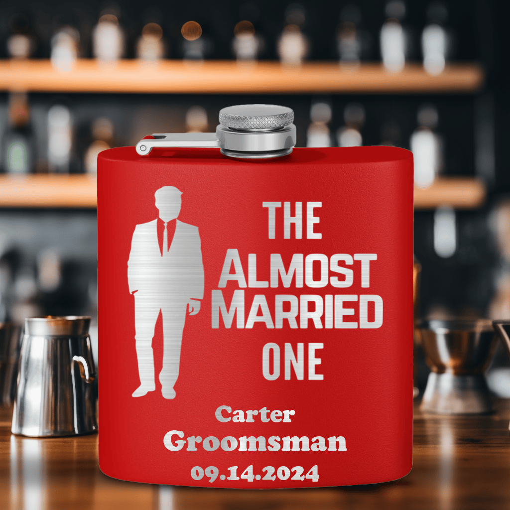 Red Bachelor Party Flask With The Almost Married One Design