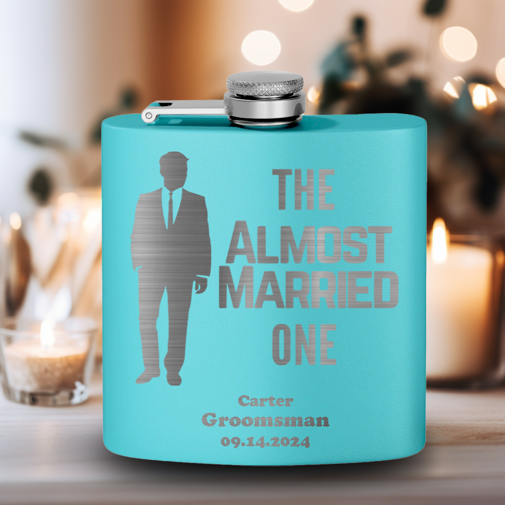 Teal Bachelor Party Flask With The Almost Married One Design