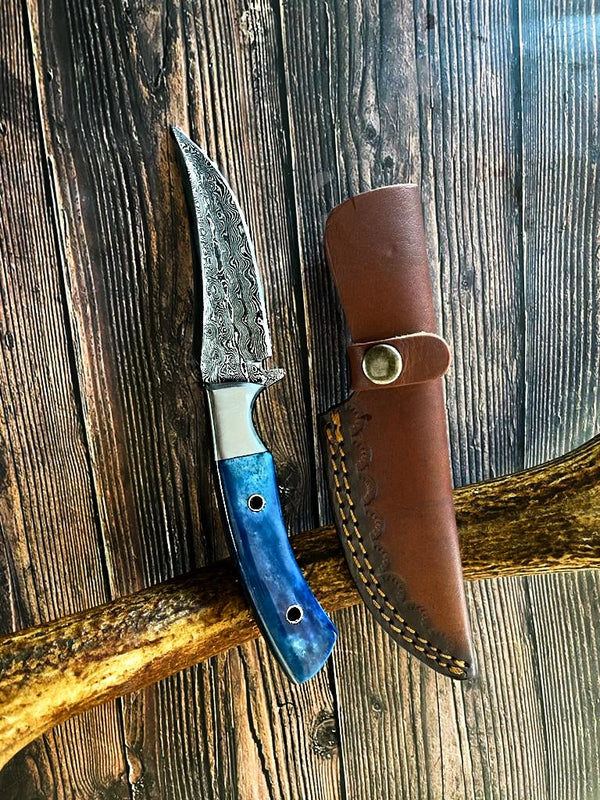 Dyed Blue Bone Damascus Pocket Knife - Groovy Guy Gifts