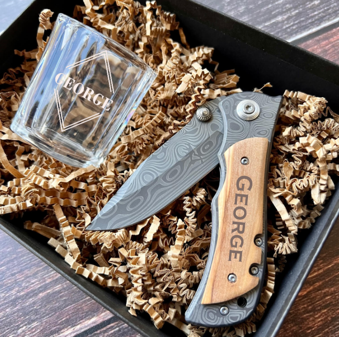 Utility Pocket Knife & Shot Glass Groomsmen Gift Set Idea