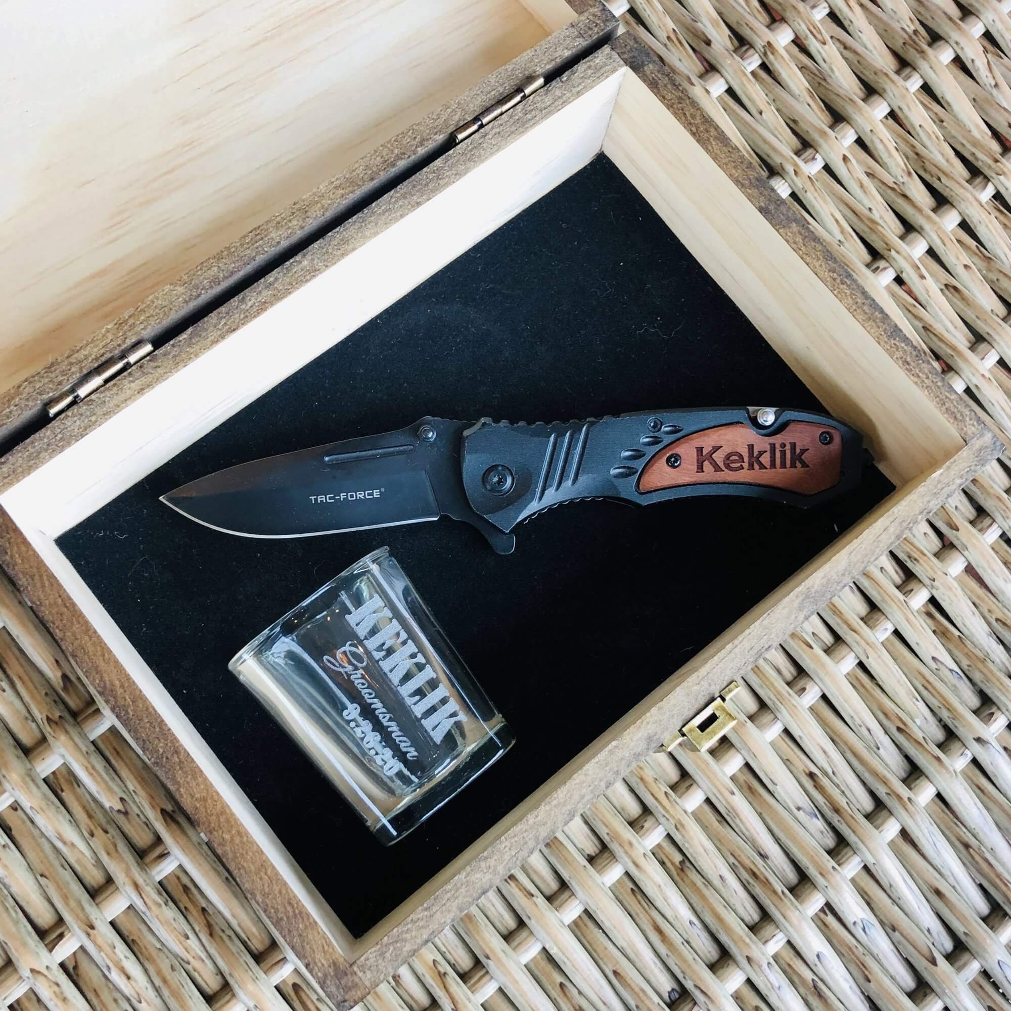 Utility Pocket Knife & Shot Glass Groomsmen Gift Set Idea