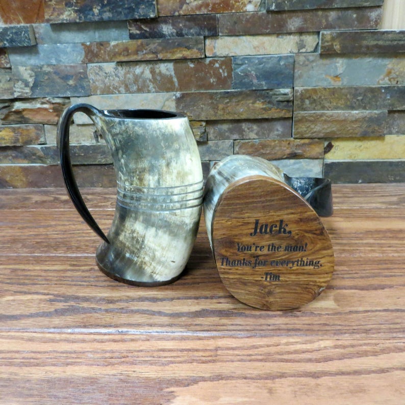 Personalized Viking Beer Horn Glass with Rustic Wood Stand