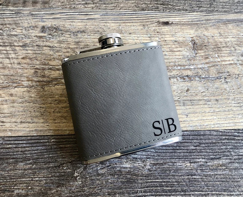 Hip Flask in Personalised Black Leather Pouch & Free Engraving