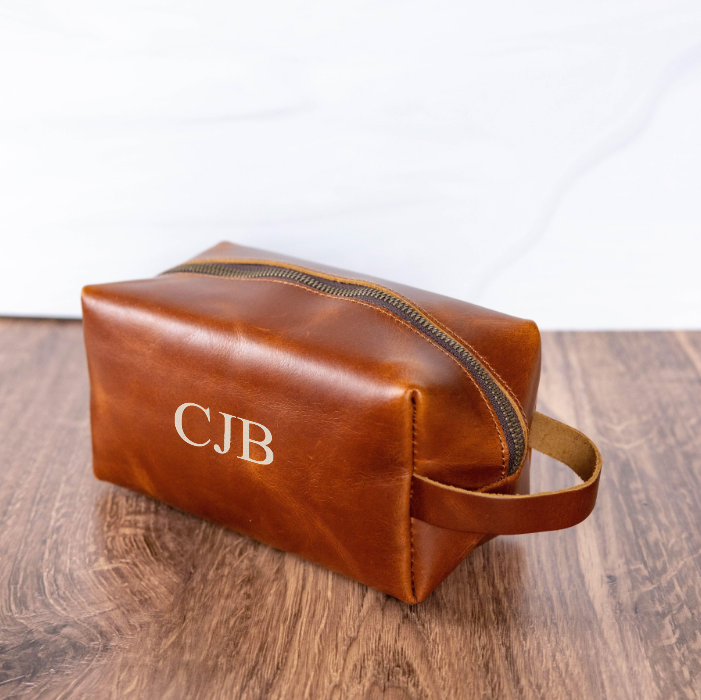 Monogrammed Hanging Toiletry Bag for Men - Canvas with Leather Straps -  Groovy Guy Gifts